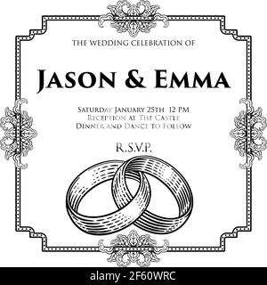 Wedding Band Rings Intertwined Woodcut Invite Stock Vector