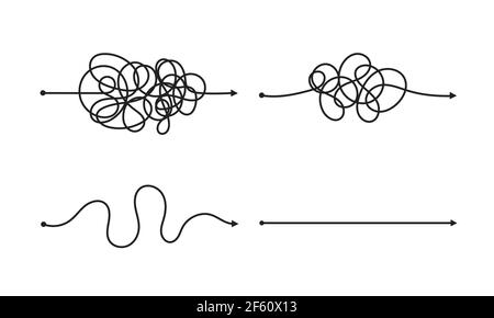 Complex and easy simple way from start to end vector illustration set. Chaos simplifying, problem solving and business solution searching challenge co Stock Vector