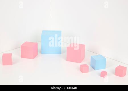 Light blue and pink cubes, platforms on white background with copy space for product or text Stock Photo