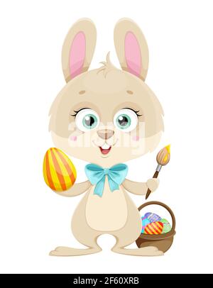 Happy Easter. Cute little bunny painting eggs. Cartoon character rabbit. Stock vector illustration. Stock Vector