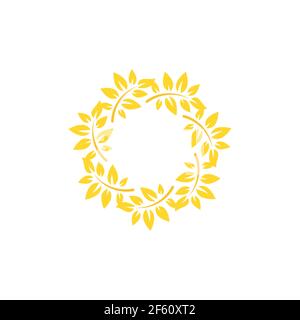 Gold Laurel Wreath Icon. Vector Flat illustrationisolated on white. Winner label made of twigs with green leaves. Victory logo. First place, award ico Stock Vector