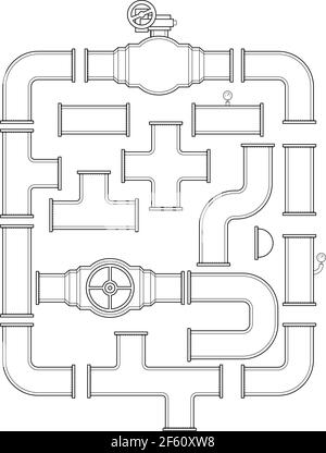 Pipeline construction vector collection with pipes, stop valve, T-bend, caps, curve elbows and manometers. Industrial set for design. Stock Vector