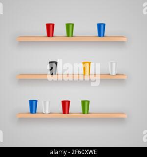 Set of vector Wood Shelves with simple objects for presentation on white gray background Stock Vector