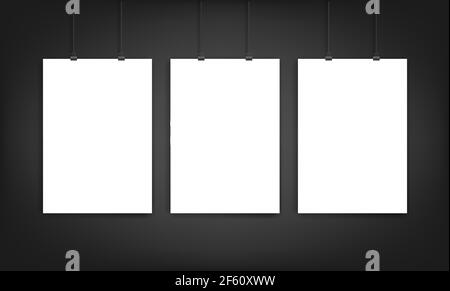 Three hanged poster a4 mockup. Vector template on black gray background Stock Vector