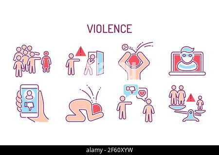 Violence color line icons set. Harassment, social abuse and bullying. Isolated vector element. Stock Vector