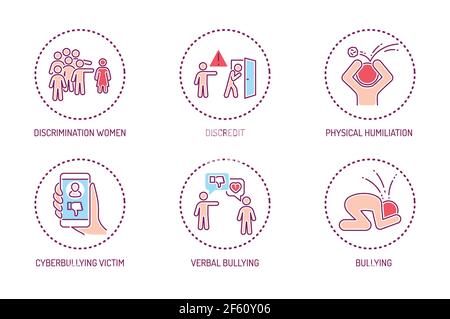 Violence color line icons set. Harassment, social abuse and bullying. Isolated vector element. Stock Vector