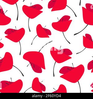 Seamless pattern with red poppy flowers on white background. Wild scarlet bloom ornament. Vector fabric print. Eco, floral, natural, love wallpaper. Stock Vector