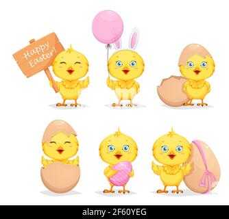 Cute little chick, set of six poses. Happy Easter. Funny baby chicken cartoon character. Stock vector illustration Stock Vector