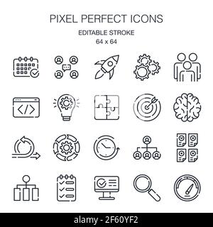 Agile software development methodology editable stroke outline icons set isolated on white background vector illustration. Pixel perfect. 64 x 64. Stock Vector