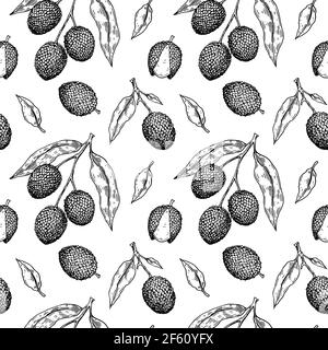 Hand drawn seamless pattern with lychee fruits, branches and leaves. Vector illustration in botanical sketch style Stock Vector