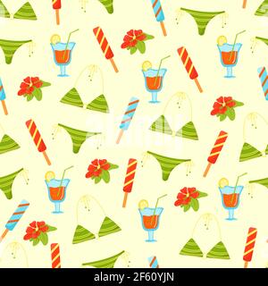 Seamless pattern with summer items for vacation, swimsuit, cocktail, ice cream, tropical flower, vector print in cartoon style, flat Stock Vector
