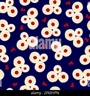 Painted floral seamless pattern. Hand drawn oil acrylic paint white red simple flowers on a blue background. Seamless surface pattern design tile for Stock Photo