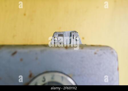 Vintage callbox in winter city park, snow landscape Stock Photo