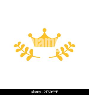 Gold Laurel Wreath with crown Icon. Vector Flat illustrationisolated on white. Winner label made of twigs with green leaves. Victory logo. First place Stock Vector