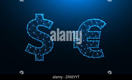 Polygonal vector illustration of the dollar and euro symbols. Dollar and euro made of lines and dots. Stock Vector