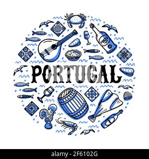 Portugal landmarks set. Round shape design with Portugal symbols. Handdrawn sketch style vector illustration. Stock Vector