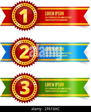 Red, blue and green with gold medal awards or quality sign icon, 3d looks vector award illustration with stars and ribbons for first second and third Stock Vector