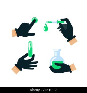Doctor or scientist hands in latex gloves. Nuclear energy. Hands in protective gloves holding hazardous substances. Medicine, science and biology Stock Vector