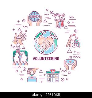 Volunteering web banner. Infographics with linear icons on white background. Creative idea concept. Isolated outline color illustration. Stock Vector