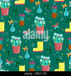 Seamless pattern with yellow boots and different flowers in pots, cute baby print, floral spring pattern in cartoon styl, hand draw, daisies in red Stock Vector