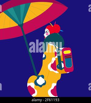 illustration of a geisha as a schoolgirl dressed in a kimono, holding an umbrella Stock Photo