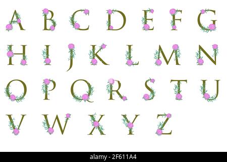 Capital letters of the alphabet with flowers. The letters of the English alphabet are decorated with flowers and leaves. Separate letters with pink Stock Vector