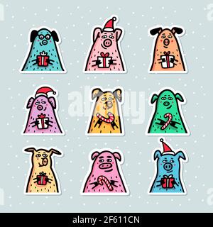Pig stickers set. Funny pigs with candy canes, gifts and santa hats. 2019 Chinese New Year symbols. Doodle style characters for greeting cards, print, Stock Vector