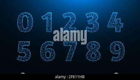 Polygonal vector illustration of numbers from zero to nine. A set of numbers made from lines and dots. Stock Vector