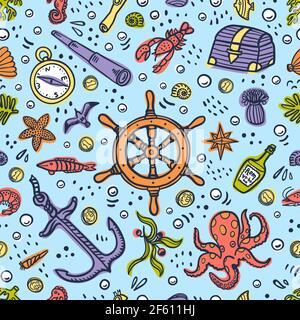 Sea adventures seamless pattern on blue background. Marine objects and creatures. Doodle style vector illustration Stock Vector