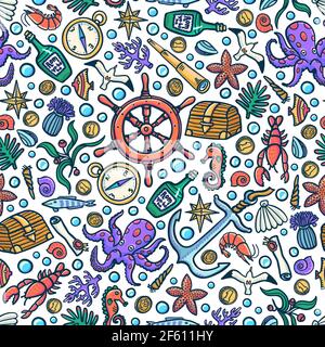 Sea adventures seamless pattern. Marine hand-drawn vector objects. Doodle style vector illustration Stock Vector