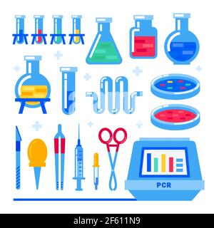 Nanotechnology and biochemistry. Polymerase chain reaction PCR machine and Laboratory equipment. Flask, vial, test-tube, glass retorts. Human genome s Stock Vector