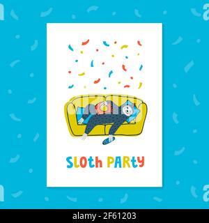 Lazy sloth party greeting card or invitation. Animal party. Cute sloth lying on the couch with TV remote and chips. Vector illustration Stock Vector