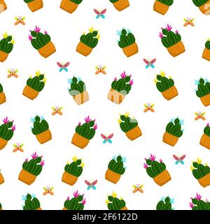 Seamless pattern with different flowers in pots, cute baby print, floral spring pattern in cartoon styl, Multicolored cacti in pots,hand draw, vector. Stock Vector