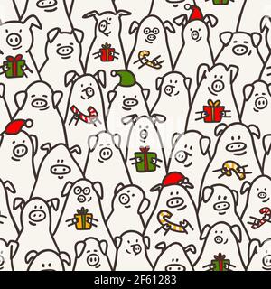 Pig seamless pattern. Funny pigs with candy canes, gifts, and Santa hats. 2019 Chinese New Year symbols. Doodle style characters for backgrounds, print Stock Vector
