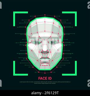Face identification concept. Biometric identification or Facial recognition system. Human face consisting of polygons, points, and lines. Vector Stock Vector