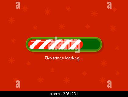 Christmas Loading. Red and green Christmas candy cane style web progress bar on a red background. Greeting card, web banner, landing page, brochure or Stock Vector