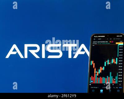 In this photo illustration the stock market information of Arista Networks, Inc. seen displayed on a smartphone with the Arista Networks, Inc. logo in the background. Stock Photo