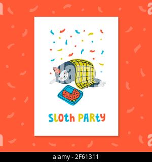Lazy sloth party greeting card or invitation. Animal party. Cute sloth sleeping cozy curled up under the blanket with pizza box. Vector illustration Stock Vector