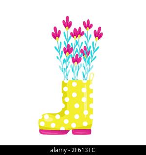 Cute spring flowers in yellow rubber boots, design and decor element, spring composition, vector illustration in cartoon style, hand draw Stock Vector