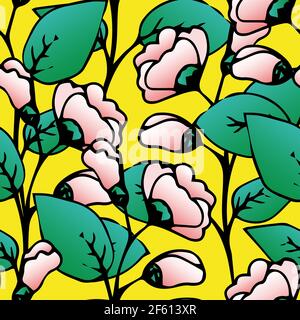 Seamless floral pattern, spring ornament, Malva pink flowers, floral print for textiles, wallpapers and fabrics, vector illustration in doodle style. Stock Vector