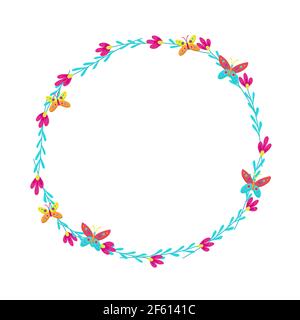 Round frame of daisies decorated with butterflies. Stock Vector