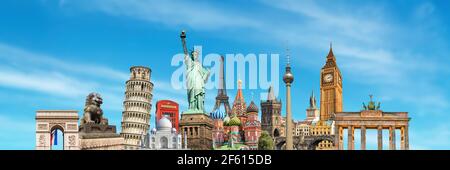 World landmarks and famous monuments collage isolated on panoramic blue ...