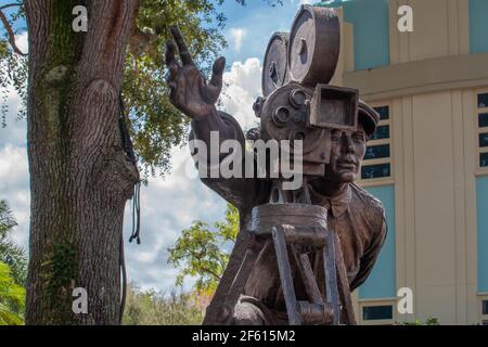Orlando, Florida. August 12, 2020. Top view of young Walt Disney filming statue at Hollywood Studios (47) Stock Photo