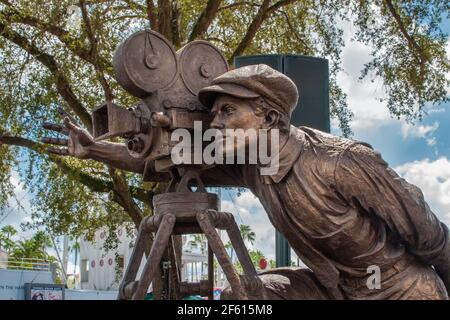 Orlando, Florida. August 12, 2020. Top view of young Walt Disney filming statue at Hollywood Studios (49) Stock Photo