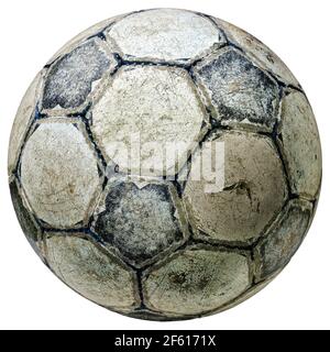Used vintage soccer ball - cracked grungy leather texture - isolated on white Stock Photo