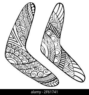 Set of native boomerang coloring page for kids and adults, isolated on white. Doodle style each boomerang with original ornament. Boomerang primitive Stock Vector