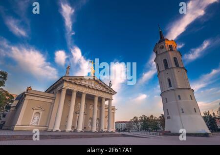 Cathedral with Bell Tower and Gediminas statue Square in Vilnius in the evening, Lithuania Stock Photo