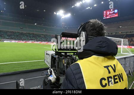 Tv cameraman at work at the San Siro football stadium, in Milan, in Milan. Stock Photo