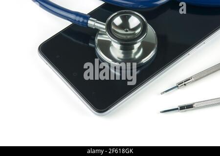 Stethoscope on the smartphone isolated on a white background. Phone repair and service concept. Concept a health of device. Stock Photo