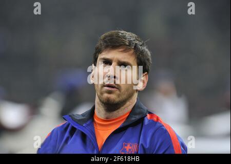 Barcelona football player Lionel Messi portrait at the San Siro soccer stadium during the UEFA Champions League match AC Milan vs FC Barcelona, in Milan Stock Photo